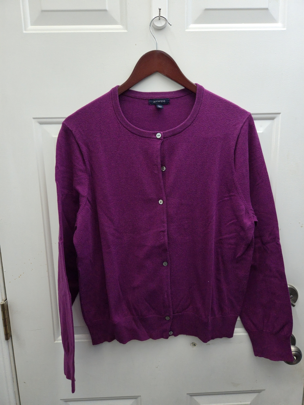 Lands' End Women's Button-Front Crewneck Cardigan in Magenta Purple